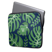 Blaue und grüne Mit Monogramm Monstera-Blätter Laptopschutzhülle (Vorderseite Links)