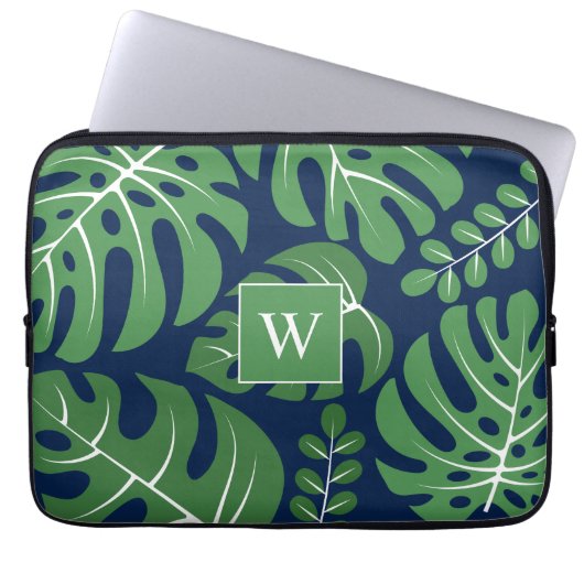 Blaue und grüne Mit Monogramm Monstera-Blätter Laptopschutzhülle (Vorderseite)