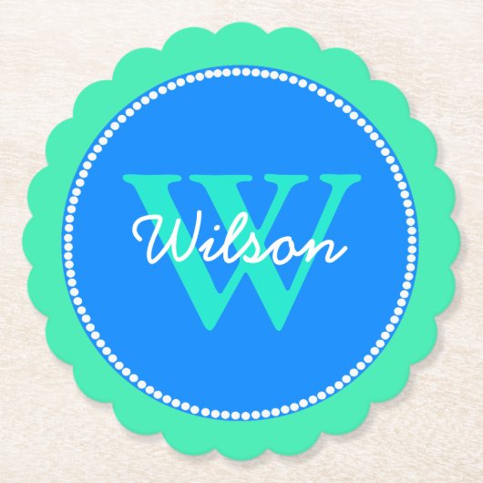 Blaue und grüne mit Monogramm PapierUntersetzer Untersetzer (Vorderseite)