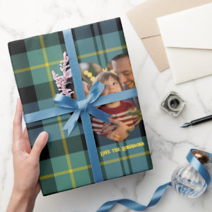 Blaue und grüne moderne Tartan-Foto-Weihnachten Geschenkpapier