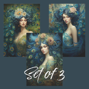 Blaue und grüne Pfauenfedern ein Frauenportrait Geschenkpapier Set