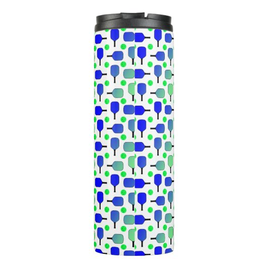 Blaue und grüne Pickleball-Paddle Mit Monogramm Thermosbecher (Rückseite)