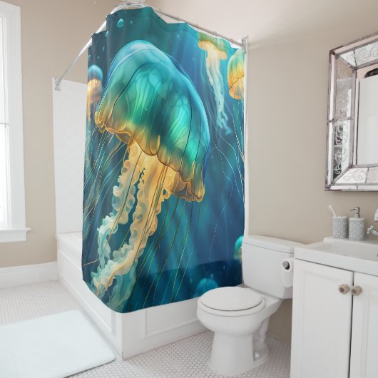 Blaue und grüne Quallen Duschvorhang (Beispiel)
