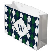 Blaue und grüne Raute Mit Monogramm große Geschenk Geschenktüte (Rückseite Schrägansicht)