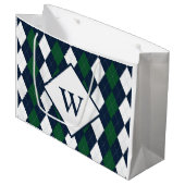 Blaue und grüne Raute Mit Monogramm große Geschenk Geschenktüte (Vorderseite Schrägansicht)