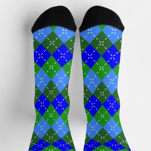 Blaue und grüne Raute mit weißem Stitching Socken (Oben)