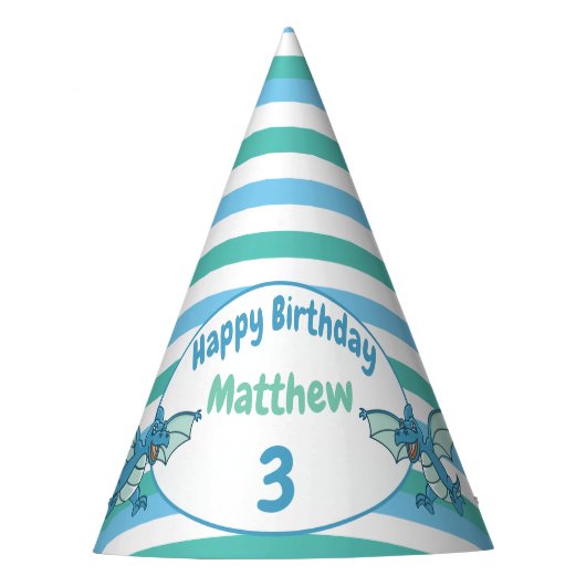 Blaue und grüne Streifen und Drachendinosaurier Partyhütchen (Vorderseite)