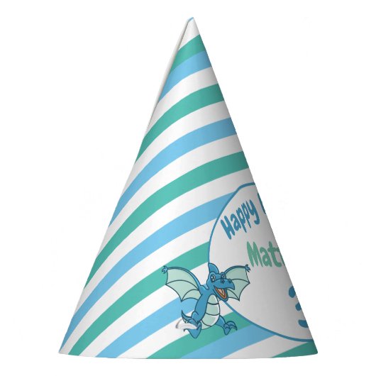 Blaue und grüne Streifen und Drachendinosaurier Partyhütchen (Links)