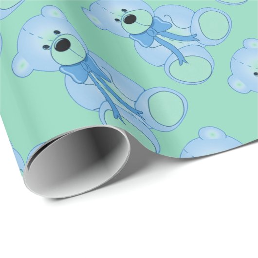Blaue und grüne Teddy-Bärenmuster Geschenkpapier (Rolleneckpunkt)