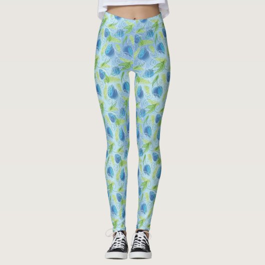 Blaue und grüne Tulips Leggings (Vorderseite)
