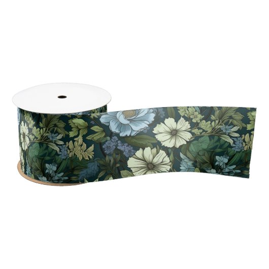 Blaue und grüne Viktorianische Wildblumen Satinband (Spule)