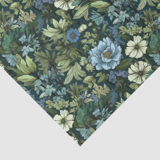 Blaue und grüne Viktorianische Wildblumen Seidenpapier (Detail)