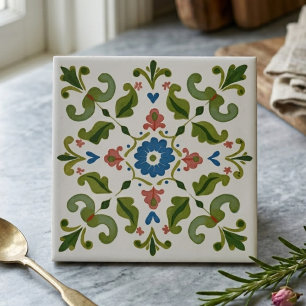 Blaue und grüne volkstümliche Kunst Blumenverzieru Fliese