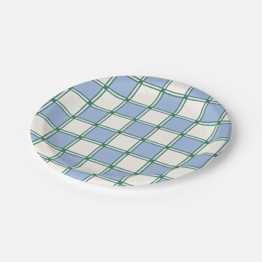 Blaue und grüne, vorlackierte Schachbretter/Karier Pappteller (Schrägansicht)