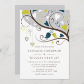 Blaue und grüne Whimsical Lovebirds Hochzeiten Einladung (Vorne/Hinten)