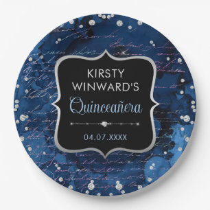Blaue und irisierende Glitter-Buchstaben Quinceane Pappteller