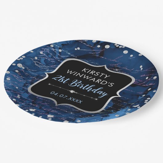 Blaue und irrisierende Glitzer Geburtstag Pappteller (Schrägansicht)