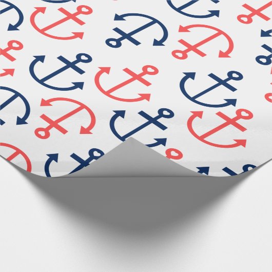 Blaue und korallenähnliche Anker auf Weiß Geschenkpapier (Ecke)