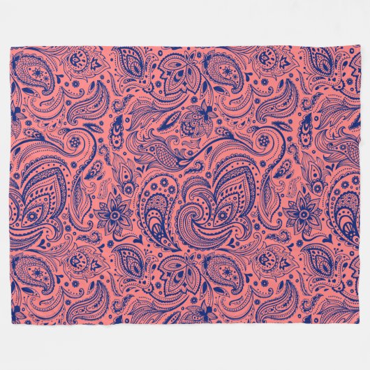 Blaue und korallenrote Paisley Fleecedecke (Vorderseite (Horizontal))