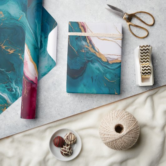 Blaue und Krabrote Marmor-Eleganz Geschenkpapier (Kunsthandwerk)