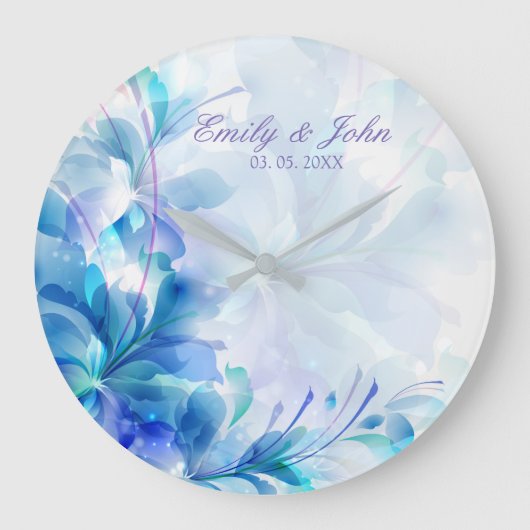 Blaue und Lila Abstrakte Blume - Save the Date Große Wanduhr (Vorderseite)
