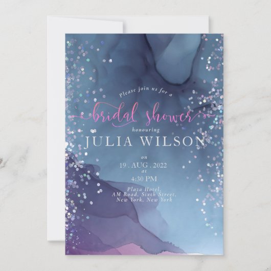 Blaue und lila Alkoholfarbe mit mystischer Glitzer Einladung (Vorderseite)