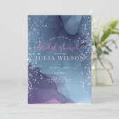 Blaue und lila Alkoholfarbe mit mystischer Glitzer Einladung (Stehend Vorderseite)