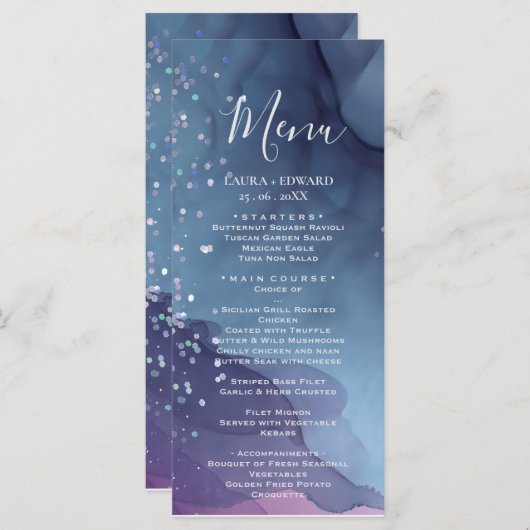 Blaue und lila Alkoholfarbe mit mystischer Glitzer Menükarte (Vorne/Hinten)