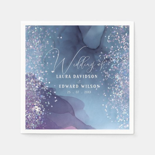 Blaue und lila Alkoholfarbe mit mystischer Glitzer Serviette (Vorderseite)