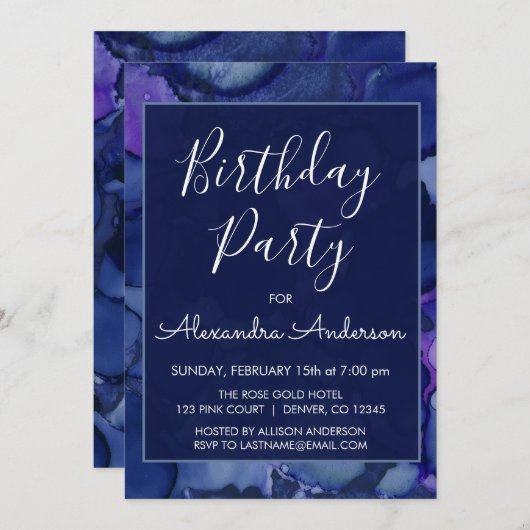 Blaue und Lila Aquarelltinte jedes Lebensalter Einladung (Vorne/Hinten)