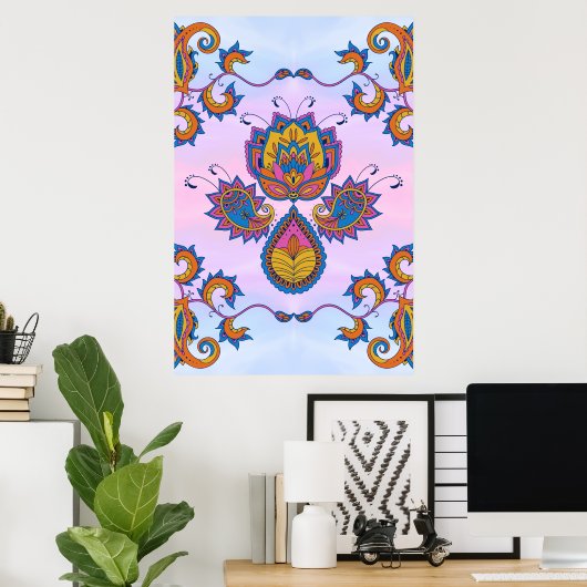 Blaue und Lila Blumenkunst, Mehndi Blue Bliss Poster (Heimbüro)
