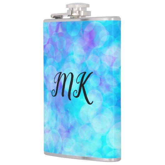 Blaue und Lila Bokeh-Blasen Flachmann (Links)