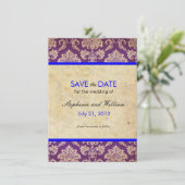 Blaue und Lila Damaskushochzeit Save the Date (Stehend Vorderseite)