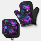 Blaue und Lila Galaxie Ofenhandschuh & Topflappen-Set (Vorderseite/Rückseite)