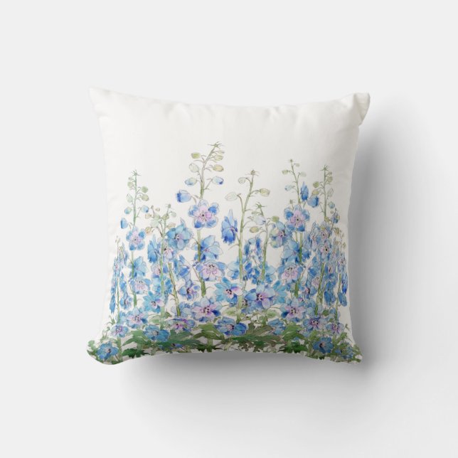 Blaue und lila Larkspur Wasserfarbe Kissen (Vorderseite)