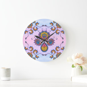 Blaue und Lila Mehndi Art, blaue Floral Bliss Große Wanduhr