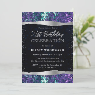 Blaue und Lila Mermaid Sequins 21. Geburtstag Einladung