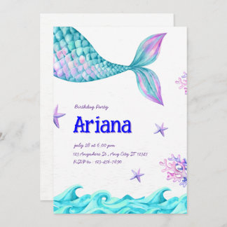 Blaue und Lila Minimalistische Mermaid Geburtstags Einladung