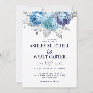 Blaue und Lila Rose Hochzeit Einladung
