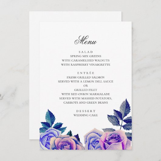 Blaue und lila Rose. Hochzeit mit Blumen Menükarte (Vorne/Hinten)