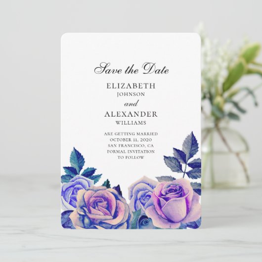 Blaue und lila Rose Hochzeit speichern das Datum Save The Date (Stehend Vorderseite)