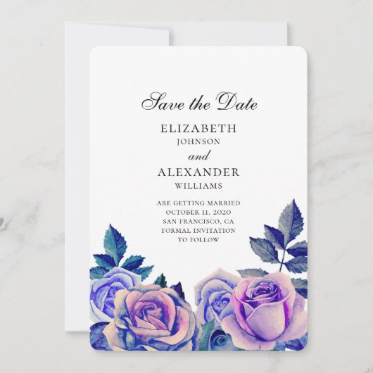 Blaue und lila Rose Hochzeit speichern das Datum Save The Date (Vorderseite)