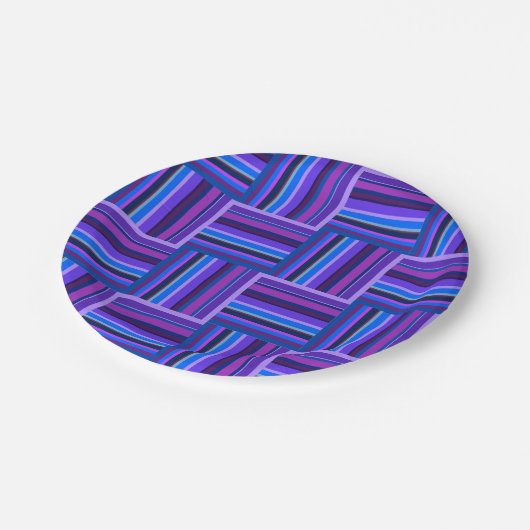 Blaue und lila Streifen Pappteller (Schrägansicht)