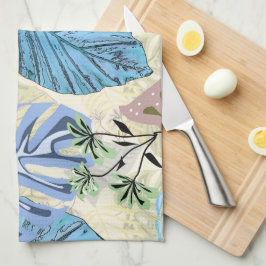 Blaue und lila tropische Blätter. Geschirrtuch