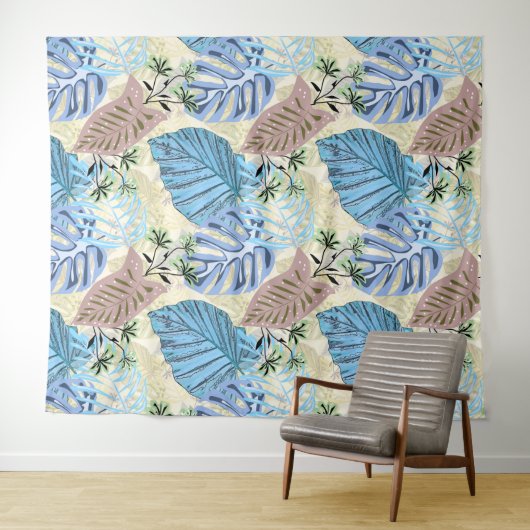 Blaue und lila tropische Blätter. Wandteppich (Beispiel (Horizontal))