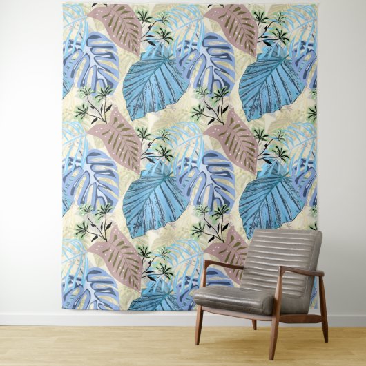 Blaue und lila tropische Blätter. Wandteppich (Beispiel)