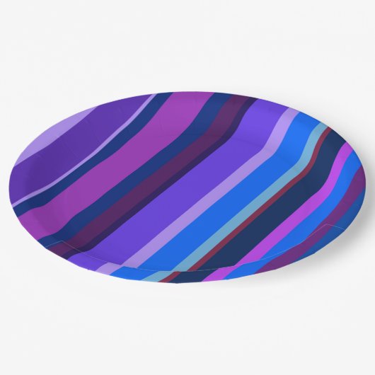 Blaue und lila vertikale Streifen Pappteller (Schrägansicht)