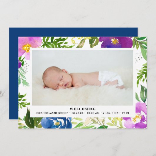 Blaue und Lila Wasserfarbe Blumenverkündung Ankündigung (Vorne/Hinten)