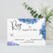 Blaue und Lila Wasserfarben-Hydrangeas mit Kalligr RSVP Karte (Stehend Vorderseite)