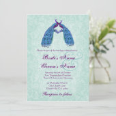 Blaue und lila Wedding Lovebird-Pfaus Einladung (Stehend Vorderseite)